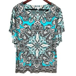 JM Collection Petite Large PL Stretchy Blue Short Sleeve Blouse Shirt Top Beach